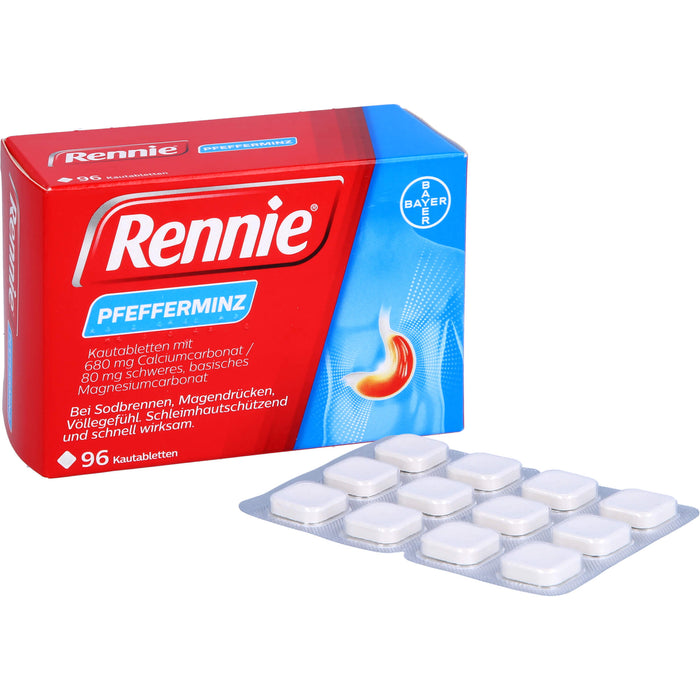 Rennie Kautabletten bei Sodbrennen, Magendrücken und Völlegefühl Pfefferminze, 96 St. Tabletten