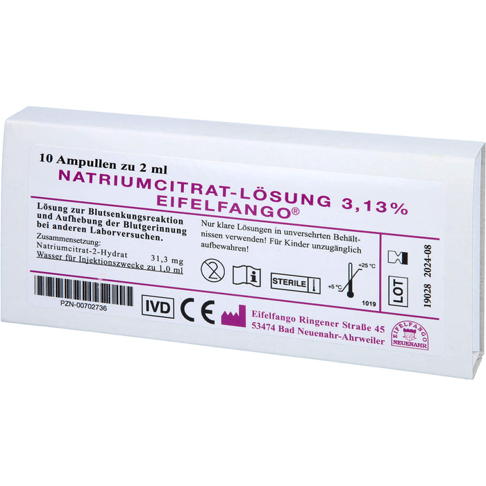 Natriumcitrat Lösung 3,13% zur Blutsenkungsreaktion und Aufhebung der Blutgerinnung bei anderen Laborversuchen, 10 ml Lösung
