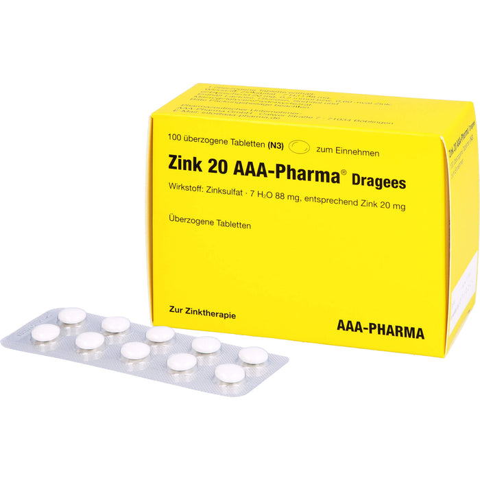 Zink 20 AAA-Pharma Dragees zur Zinktherapie, 100 St. Tabletten