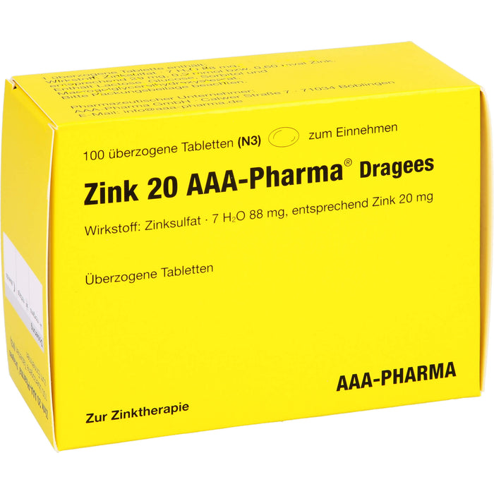 Zink 20 AAA-Pharma Dragees zur Zinktherapie, 100 St. Tabletten