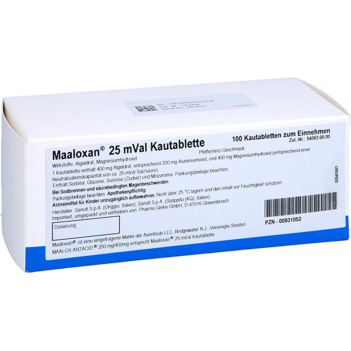 Pharma Gerke Maaloxan 25 mVal Kautabletten säurebindendes Magenmittel, 100 St. Tabletten
