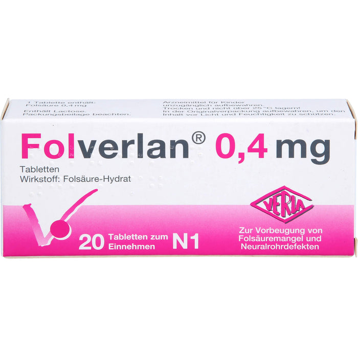 VERLA Folverlan 0,4 mg Tabletten zur Vorbeugung von Folsäuremangel und Neuralrohrdefekten, 20 St. Tabletten