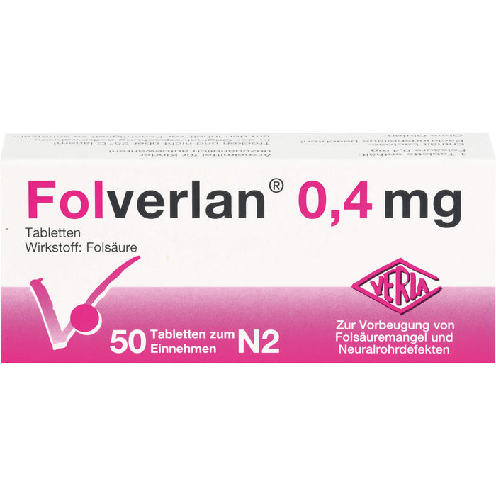 Folverlan 0,4 mg Tabletten zur Vorbeugung von Folsäuremangel und Neuralrohrdefekten, 50 St. Tabletten