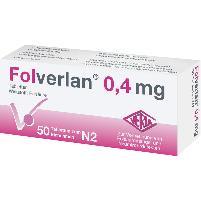 Folverlan 0,4 mg Tabletten zur Vorbeugung von Folsäuremangel und Neuralrohrdefekten, 50 St. Tabletten