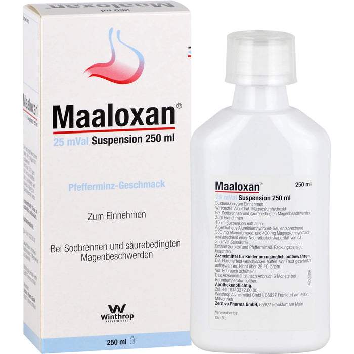 Maaloxan 25 mVal Suspension bei Sodbrennen Pfefferminz-Geschmack, 250 ml Lösung