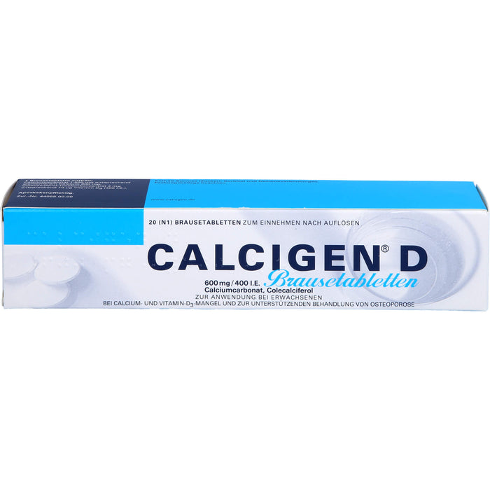Calcigen D 600 mg/400 I.E. Brausetabletten bei Calcium- und Vitamin-D3-Mangel, 20 St. Tabletten