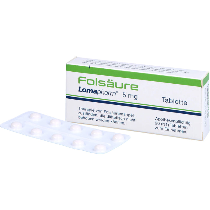 Folsäure Lomapharm 5 mg Tabletten bei gesteigertem Folsäurebedarf, 20 St. Tabletten