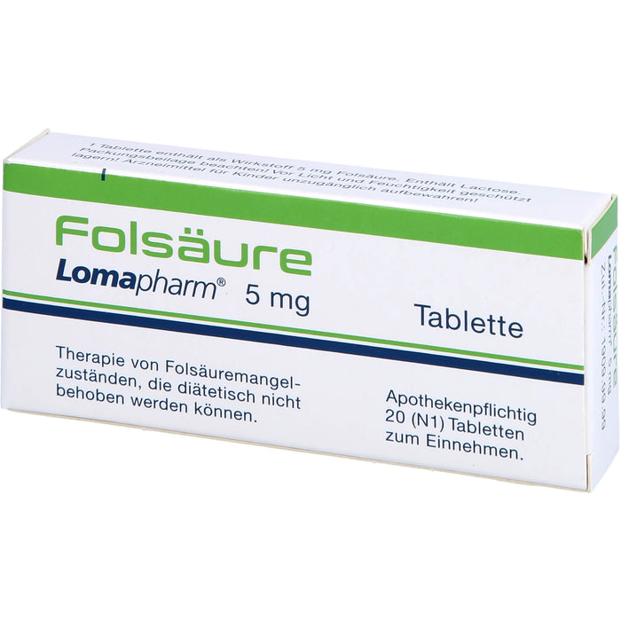 Folsäure Lomapharm 5 mg Tabletten bei gesteigertem Folsäurebedarf, 20 St. Tabletten