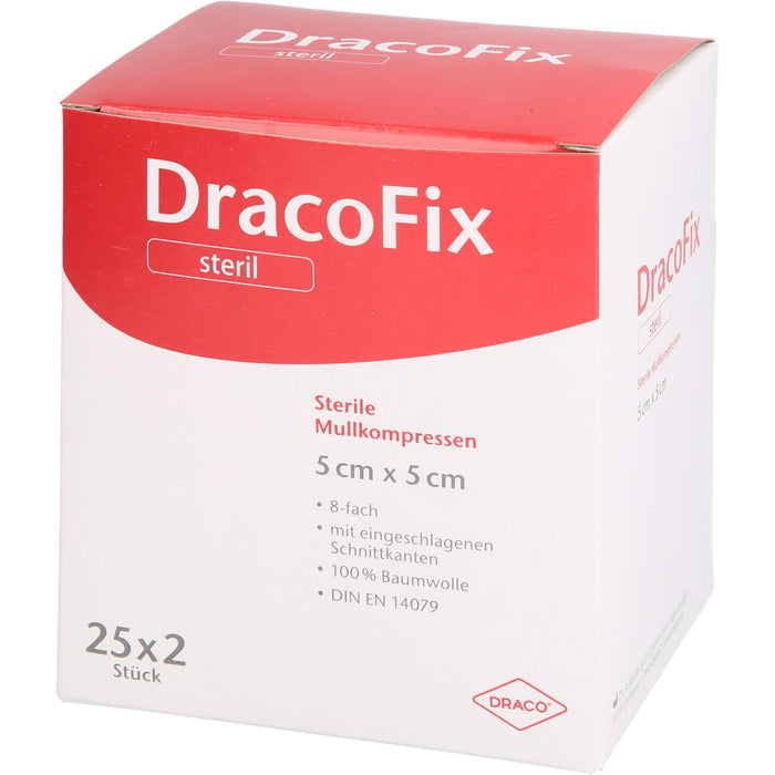 DracoFix sterile Mullkompressen zur Wundversorgung 5 cm x 5 cm 8-fach, 50 St. Kompressen