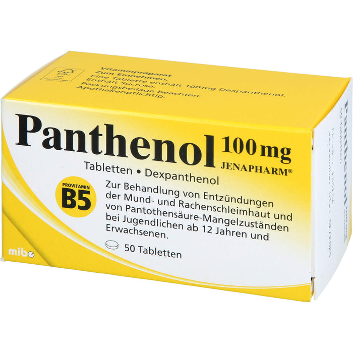 Panthenol 100 mg JENAPHARM Tabletten zur Behandlung von Entzündungen der Mund- und Rachenschleimhaut und von Pantothensäure-Mangelzuständen, 50 St. Tabletten