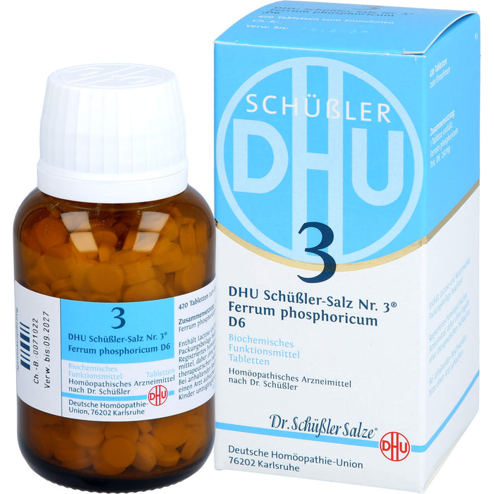 DHU Schüßler-Salz Nr. 3 Ferrum phosphoricum D6, Das Mineralsalz des Immunsystems – das Original – umweltfreundlich im Arzneiglas, 420 St. Tabletten