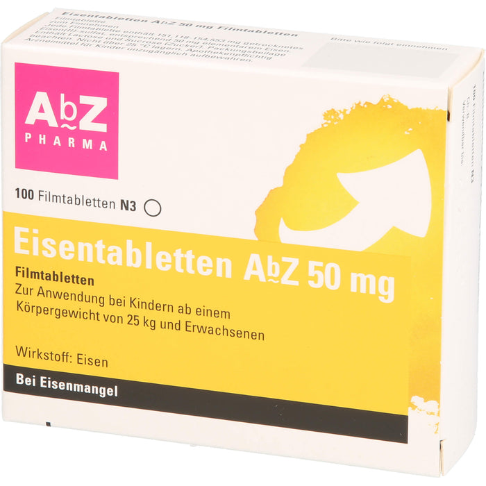 Eisentabletten AbZ 50 mg Filmtabletten bei Eisenmangel, 100 St. Tabletten