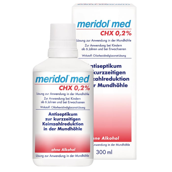 meridol med CHX 0,2% Antibakterielle Mundspülung mit Chlorhexidin zur Bekämpfung bakterieller Entzündungen in der Mundhöhle mit mildem Geschmack, 300 ml Lösung