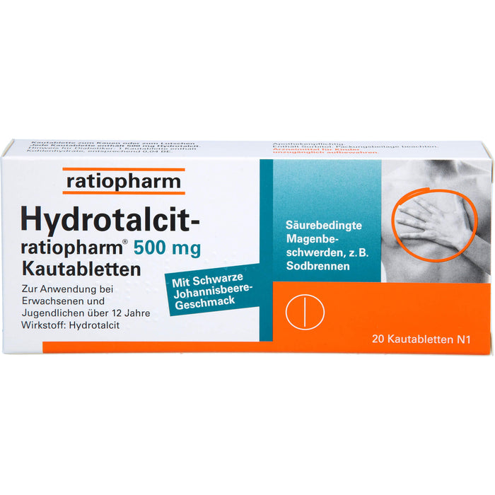 Hydrotalcit-ratiopharm 500 mg Kautabletten bei säurebedingte Magenbeschwerden wie Sodbrennen, 20 St. Tabletten