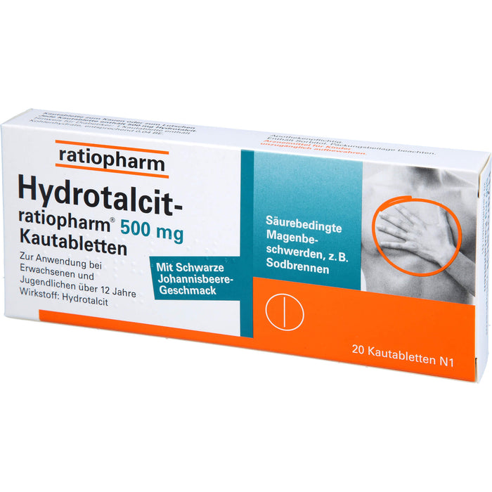 Hydrotalcit-ratiopharm 500 mg Kautabletten bei säurebedingte Magenbeschwerden wie Sodbrennen, 20 St. Tabletten