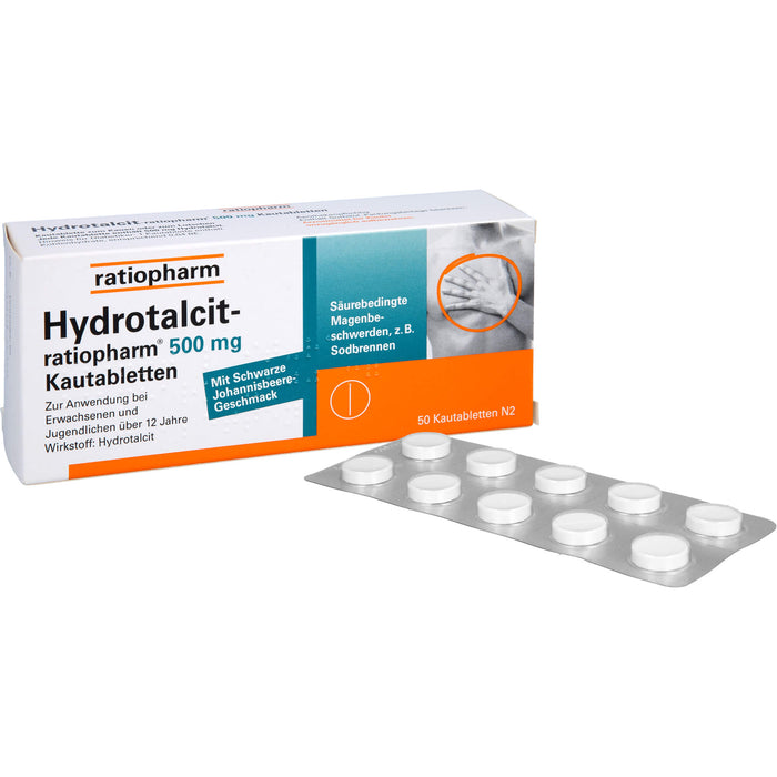 Hydrotalcit-ratiopharm 500 mg Kautabletten bei säurebedingte Magenbeschwerden wie Sodbrennen, 50 St. Tabletten