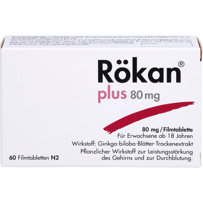 Rökan plus 80 mg Filmtabletten zur Leistungssteigerung des Gehirns, 60 St. Tabletten