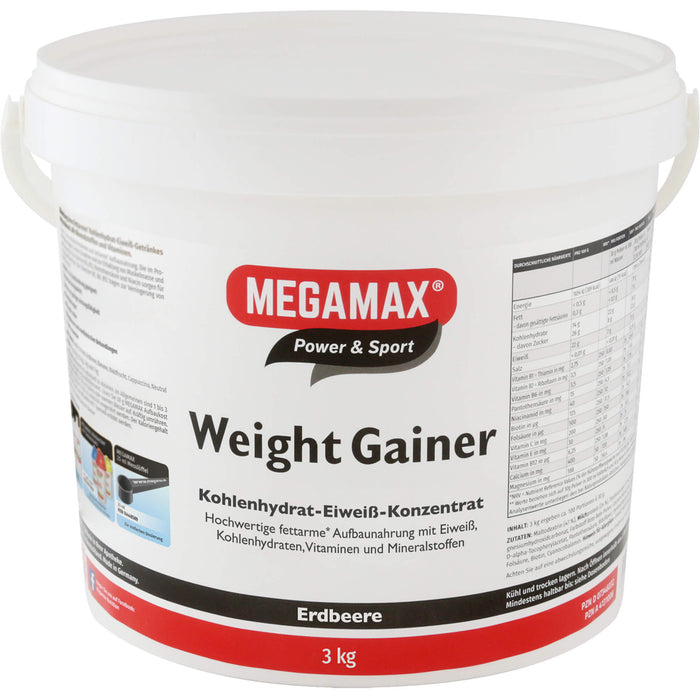 MEGAMAX Power & Sport Weight Gainer Pulver Erdbeer-Geschmack, 3000 g Pulver
