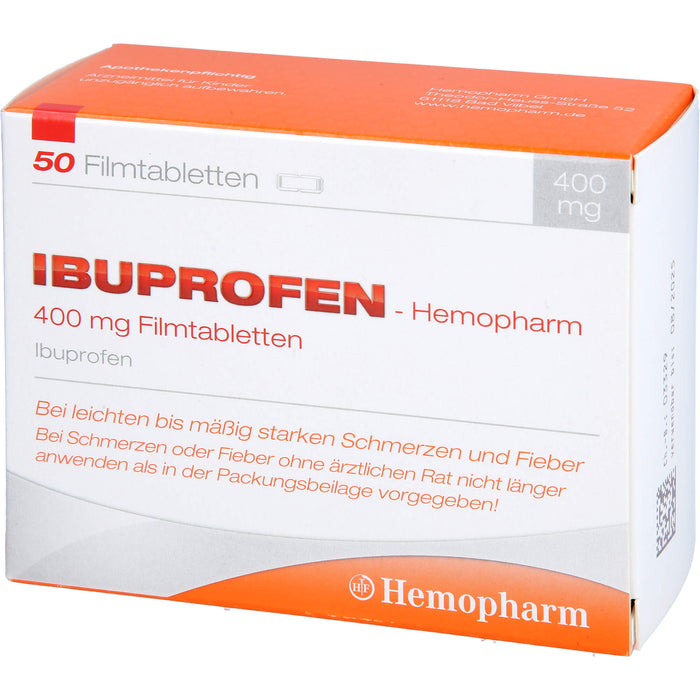 Ibuprofen-Hemopharm 400 mg Filmtabletten  bei leichten bis mäßig starken Schmerzen und Fieber, 50 St. Tabletten