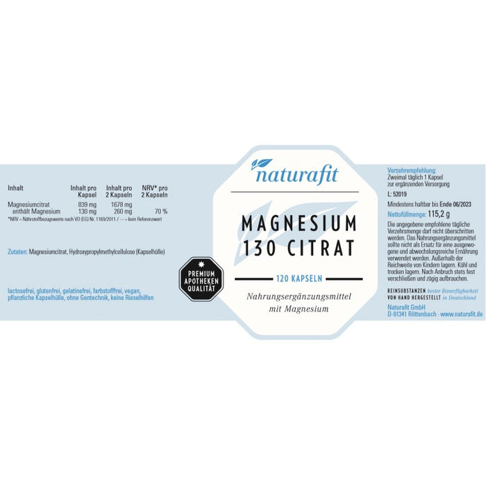 naturafit Magnesium 130 Citrat Kapseln, 120 St. Kapseln