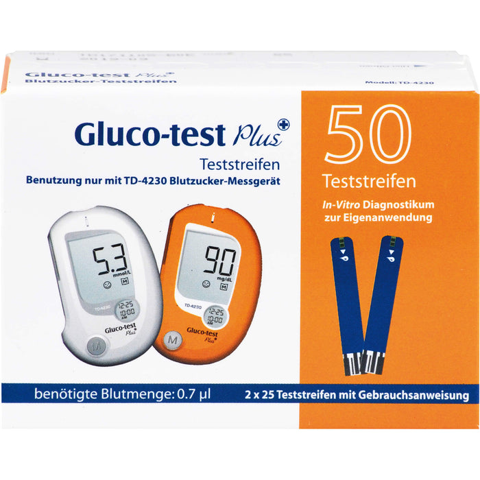 Gluco-test Plus Blutzuckerteststreifen für Blutzuckermessgerät TD-4230, 50 St. Teststreifen