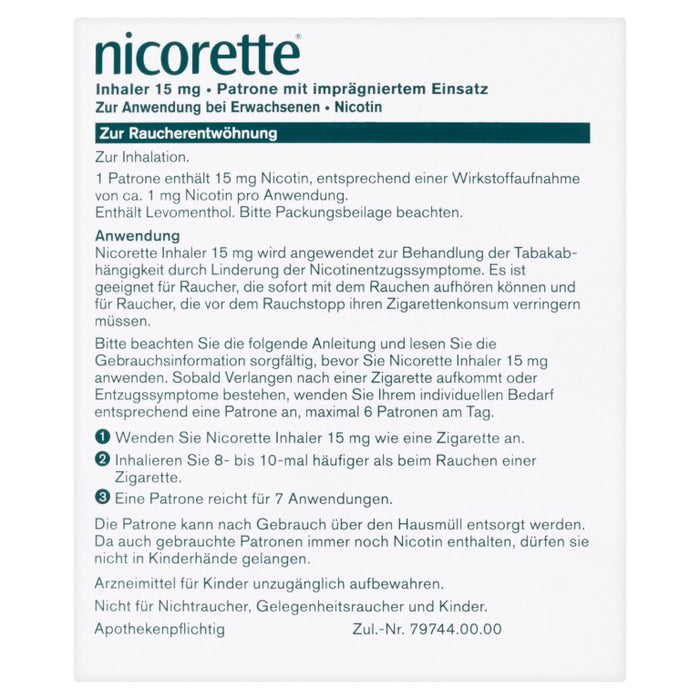 nicorette Inhaler 15 mg Nicotin zur Raucherentwöhnung Patronen, 20 St. Ampullen