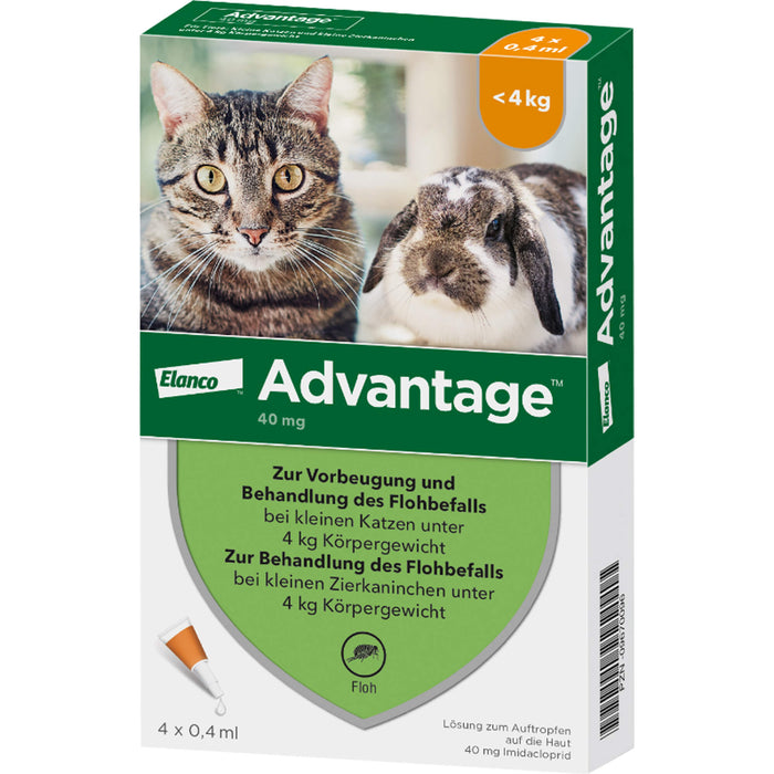 advantage 40 mg zur Vorbeugung und Behandlung des Flohbefalls bei Katzen und Zierkaninchen bis 4 kg, 4 St. Einzeldosisbehältnisse