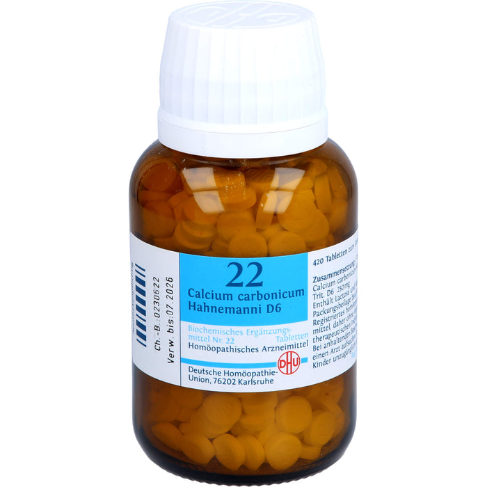 DHU Calcium carbonicum Hahnemanni D6 Biochemisches Ergänzungsmittel Nr. 22 – Das Mineralsalz des Calciumstoffwechsels und des Lymphsystems – umweltfreundlich im Arzneiglas, 420 St. Tabletten