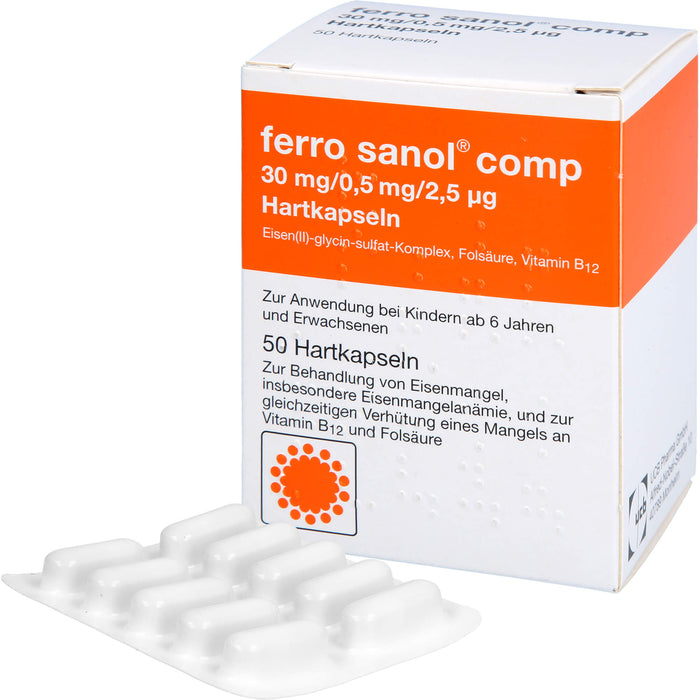 ferro sanol comp 30 mg / 0,5 mg / 2,5 µg Hartkapseln bei Eisenmangel, 50 St. Kapseln