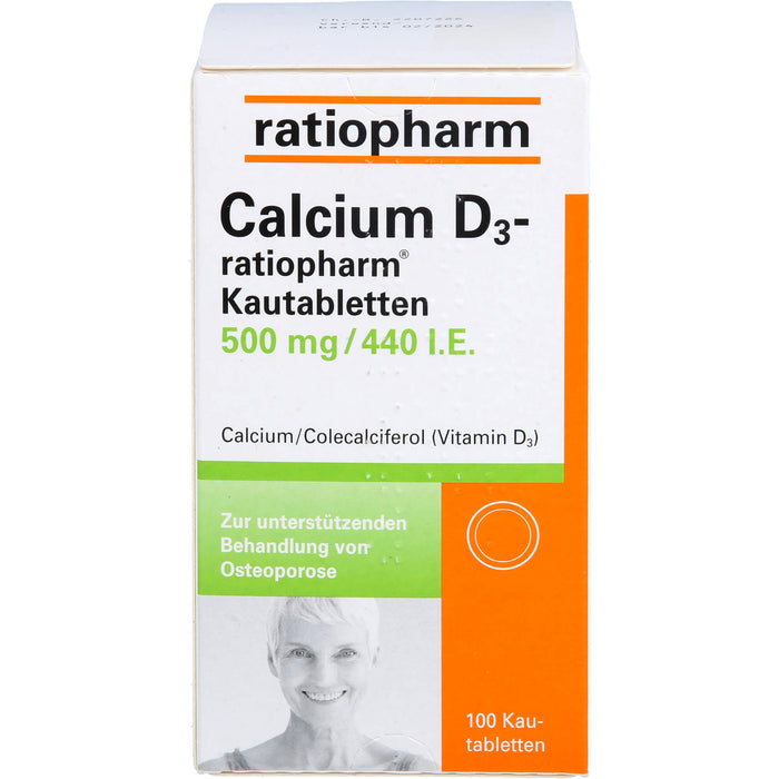 Calcium D3-ratiopharm Kautabletten 500 mg/440 I.E. zur unterstützenden Behandlung von Osteoporose, 100 St. Tabletten