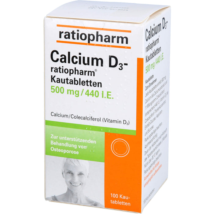 Calcium D3-ratiopharm Kautabletten 500 mg/440 I.E. zur unterstützenden Behandlung von Osteoporose, 100 St. Tabletten