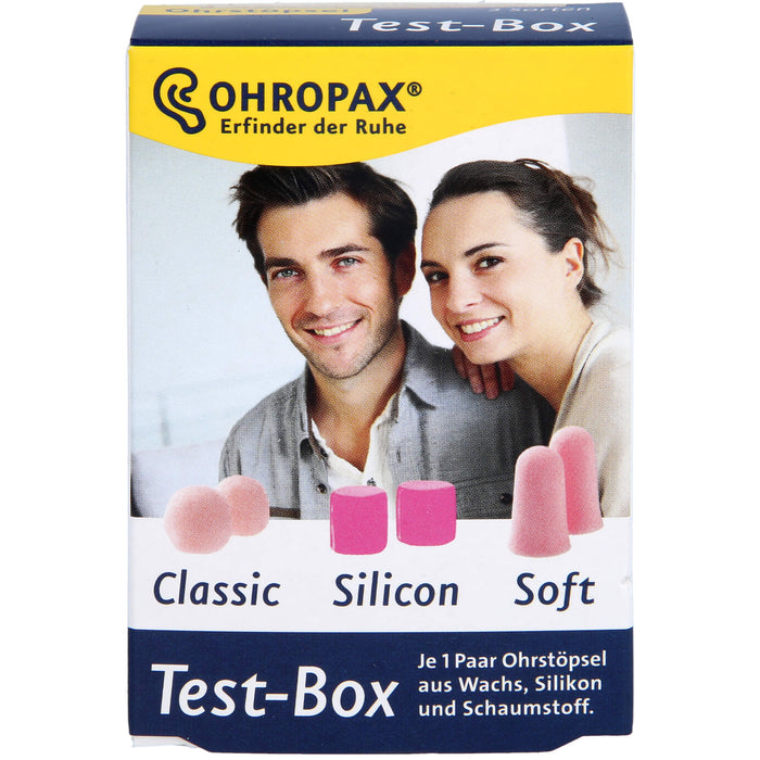 OHROPAX Test-Box je 1 Paar Ohrstöpsel aus Wachs, Silikon und Schaumstoff, 6 St. Ohrstöpsel
