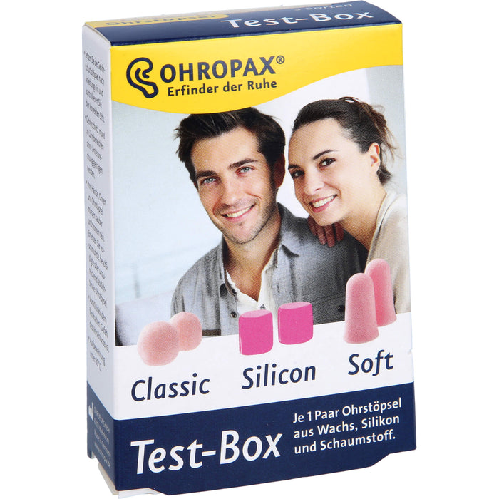 OHROPAX Test-Box je 1 Paar Ohrstöpsel aus Wachs, Silikon und Schaumstoff, 6 St. Ohrstöpsel