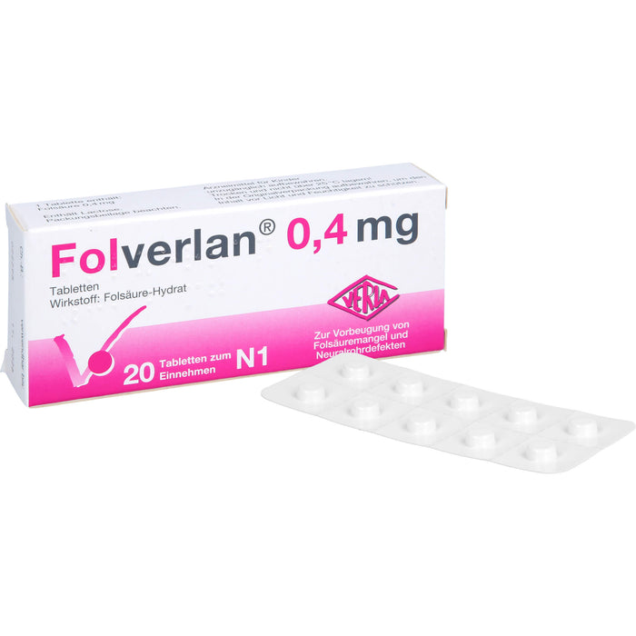 VERLA Folverlan 0,4 mg Tabletten zur Vorbeugung von Folsäuremangel und Neuralrohrdefekten, 20 St. Tabletten