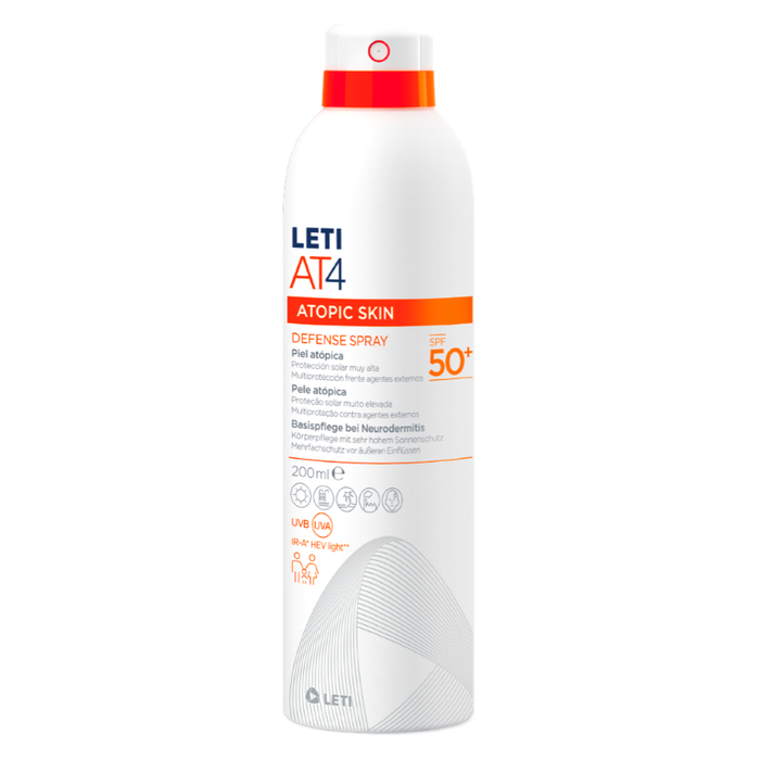 LETI AT4 Defense Spray SPF 50+ - Sonnenpflege für den Körper mit sehr hohem Lichtschutzfaktor bei trockener oder zu Neurodermitis neigender Haut, 200 ml Lösung