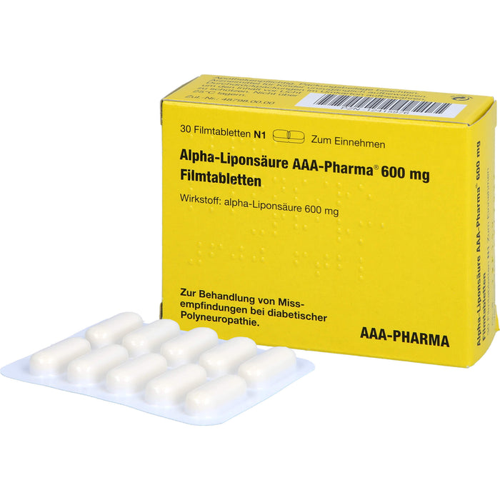 Alpha-Liponsäure AAA-Pharma 600 mg Filmtabletten zur Behandlung von Missempfindungen bei diabetischer Polyneuropathie, 30 St. Tabletten
