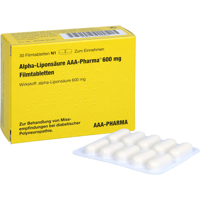 Alpha-Liponsäure AAA-Pharma 600 mg Filmtabletten zur Behandlung von Missempfindungen bei diabetischer Polyneuropathie, 30 St. Tabletten
