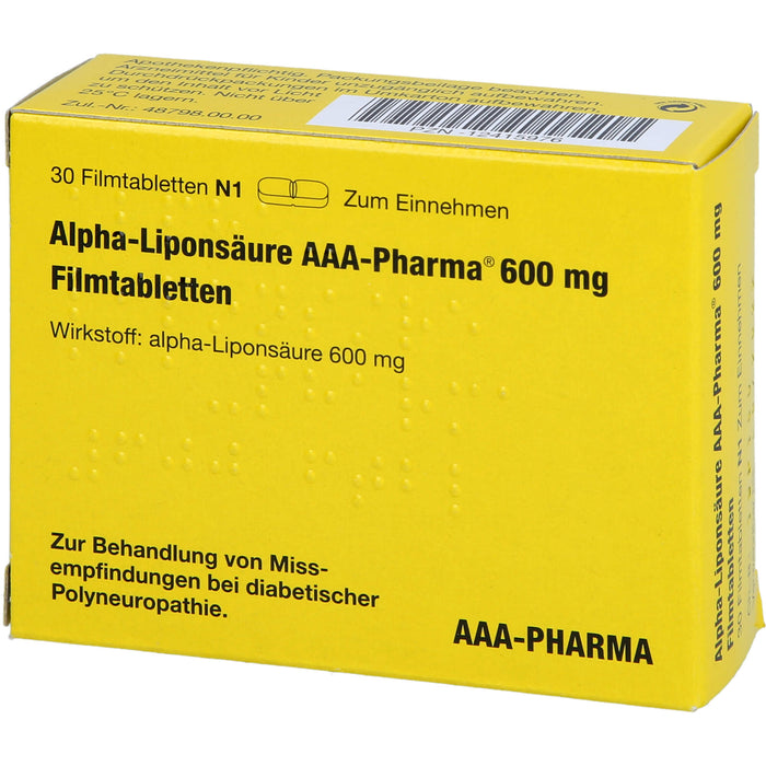 Alpha-Liponsäure AAA-Pharma 600 mg Filmtabletten zur Behandlung von Missempfindungen bei diabetischer Polyneuropathie, 30 St. Tabletten