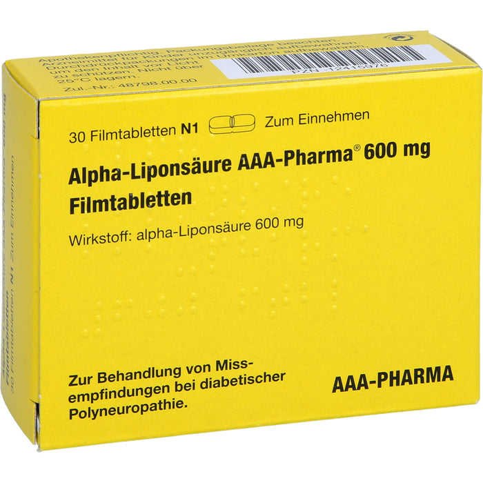 Alpha-Liponsäure AAA-Pharma 600 mg Filmtabletten zur Behandlung von Missempfindungen bei diabetischer Polyneuropathie, 30 St. Tabletten