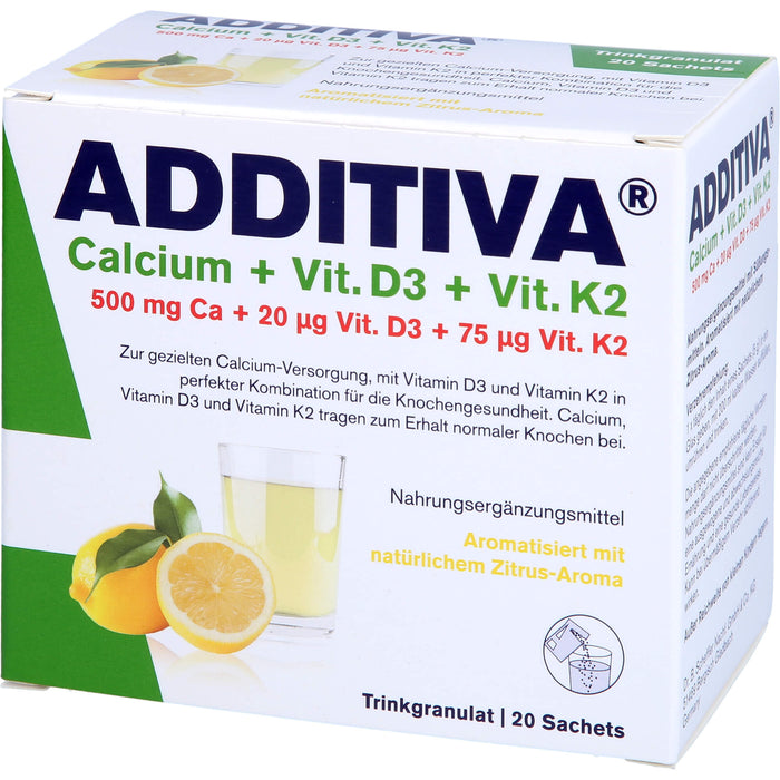 ADDITIVA Calcium + D3 + K2 Trinkgranulat Zitrus-Aroma, 20 St. Beutel