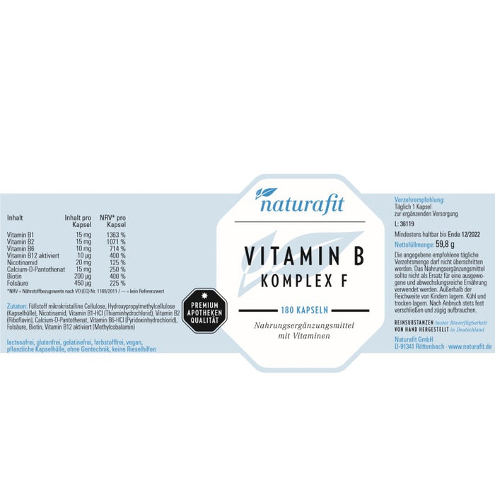naturafit Vitamin B Komplex F Kapseln, 180 St. Kapseln