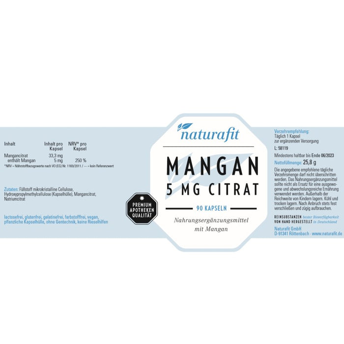 naturafit Mangan 5 mg Citrat Kapseln, 90 St. Kapseln