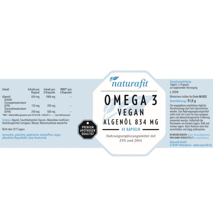 naturafit Omega 3 vegan Algenöl 834 mg Kapseln, 45 St. Kapseln