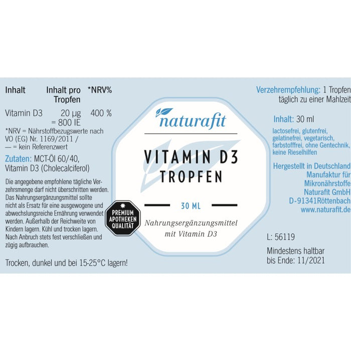 naturafit Vitamin D3 Tropfen 800 IE, 30 ml Lösung