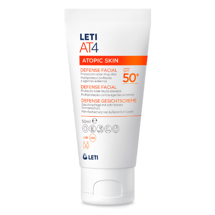 LETI AT4 Defense Gesichtscreme SPF 50+ - Wasserabweisende, hautschützende Gesichtspflege mit hohem Sonnenschutz (SPF 50+) bei trockener oder zu Neurodermitis neigender Haut, 50 ml Creme
