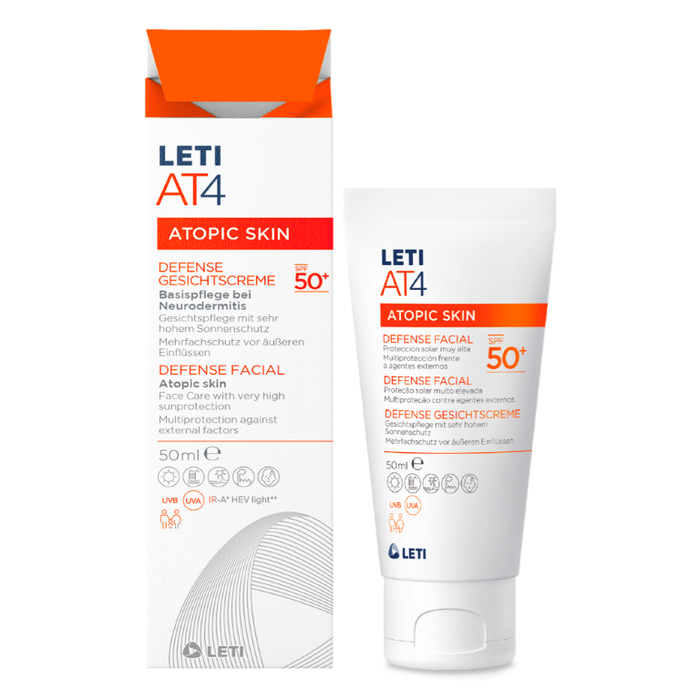 LETI AT4 Defense Gesichtscreme SPF 50+ - Wasserabweisende, hautschützende Gesichtspflege mit hohem Sonnenschutz (SPF 50+) bei trockener oder zu Neurodermitis neigender Haut, 50 ml Creme
