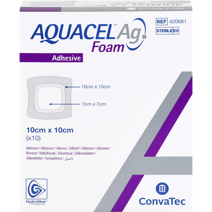 Aquacel Ag Foam adhäsiv 10x10 cm Verband, 10 St VER