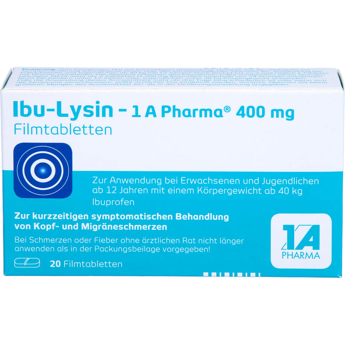 Ibu-Lysin 1A Pharma 400 mg Filmtabletten zur kurzzeitigen symptomatischen Behandlung von Kopf- und Migräneschmerzen, 20 St. Tabletten