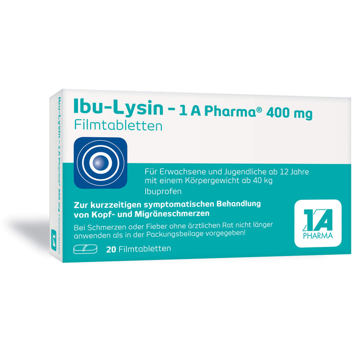 Ibu-Lysin 1A Pharma 400 mg Filmtabletten zur kurzzeitigen symptomatischen Behandlung von Kopf- und Migräneschmerzen, 20 St. Tabletten