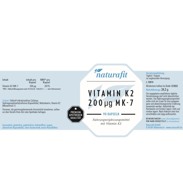 naturafit Vitamin K2 200 µg Mk-7 Kapseln, 90 St. Kapseln